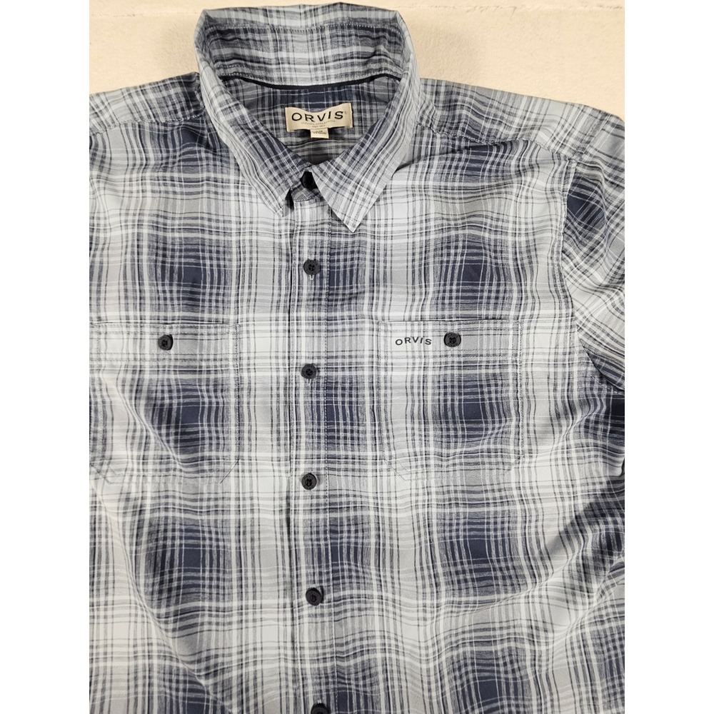Orvis Mens Large Blue Plaid Short Sleeve Button Up Shirt Classic Collection